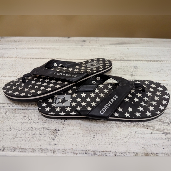 Converse Black and White Star Flip Flops Black Leather upper Size 8 - Picture 2 of 4